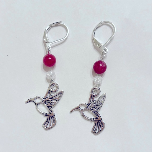 handmade 925 sterling silver pink hummingbird charm earrings leverback - Picture 1 of 5